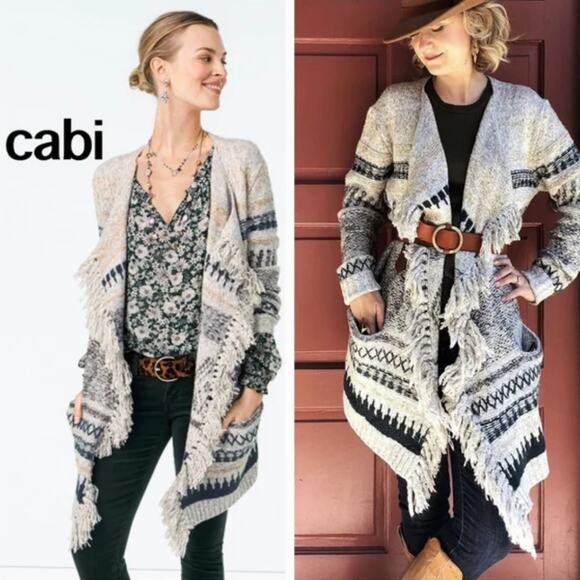 CABI Shetland Fringe Cardigan Sweater Cotton Stretch Pockets Open Front Sz S - Picture 1 of 11